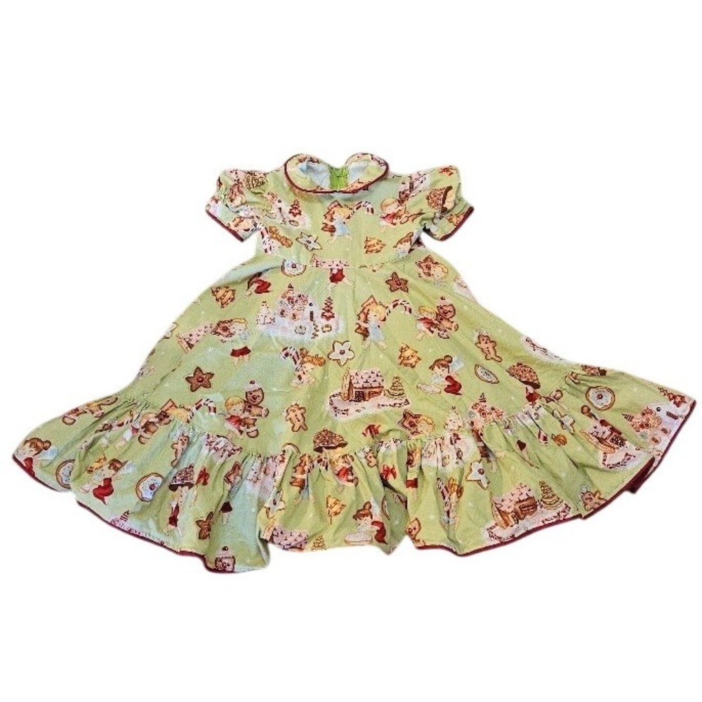 Vintage Style Christmas Gingerbread Angel Dress Green Red Ruffle Kids Size 4T